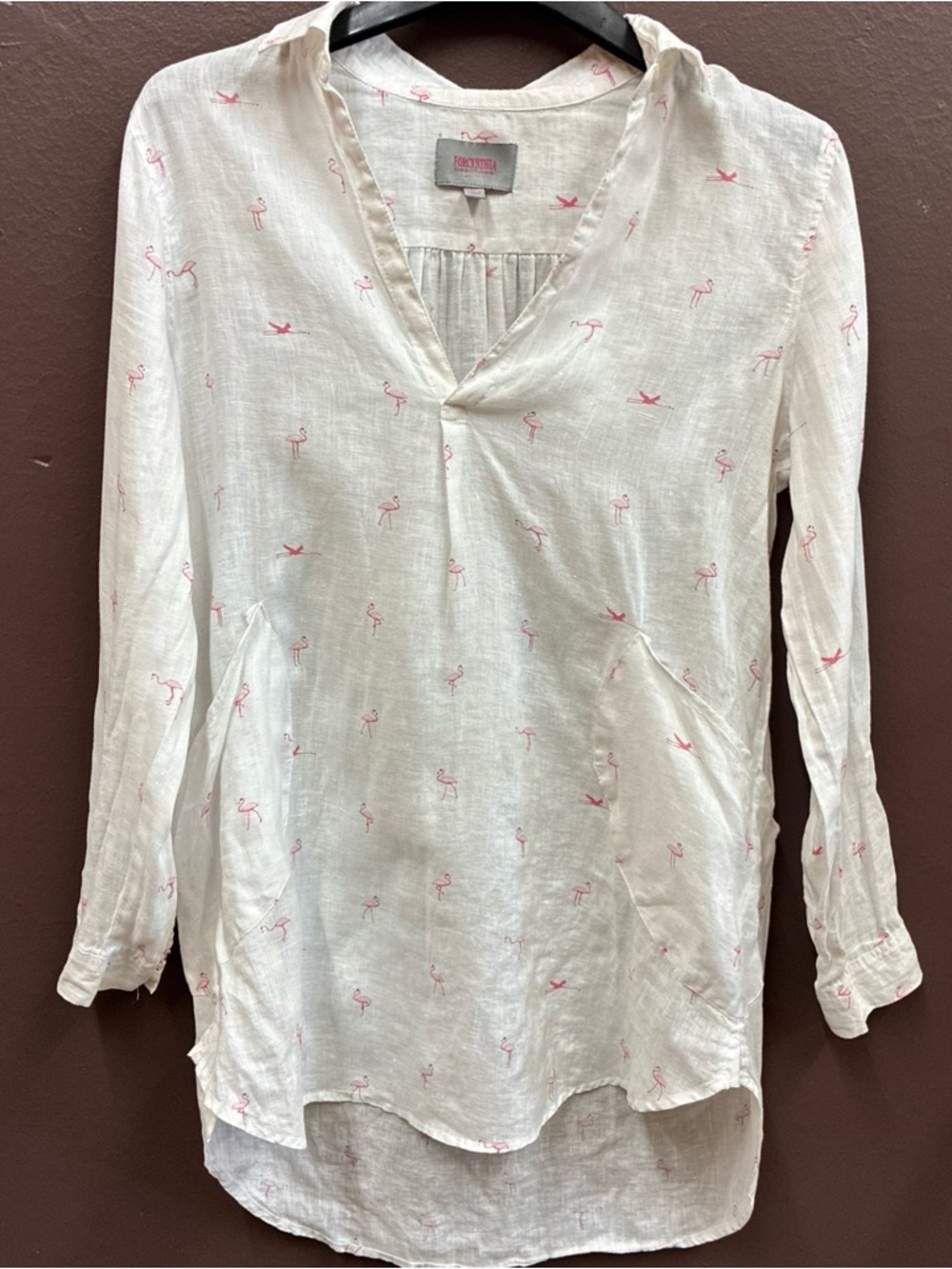 For Cynthia Beachwear White Linen Dress with Pink Flamingo Print